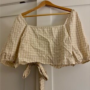 Beige H&M Gingham Tie-Back Puff Sleeve Top